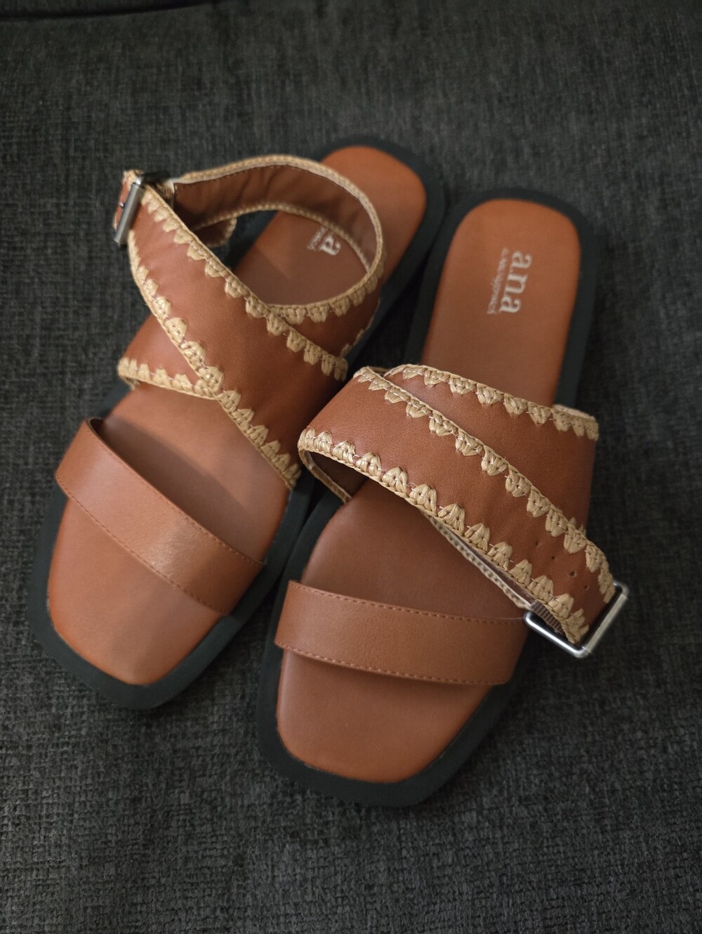 a.n.a Vest Cognac Raffia Whipstitch Ankle Cuff Sandals Women’s 8.5M